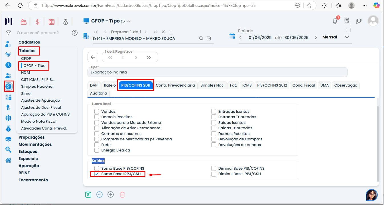 Tela do Sistema Contábil Makro destacando a aba PIS/COFINS 2011 com a opção Soma Base IRPJ/CSLL configurada para IRPJ e CSLL sobre exportação.