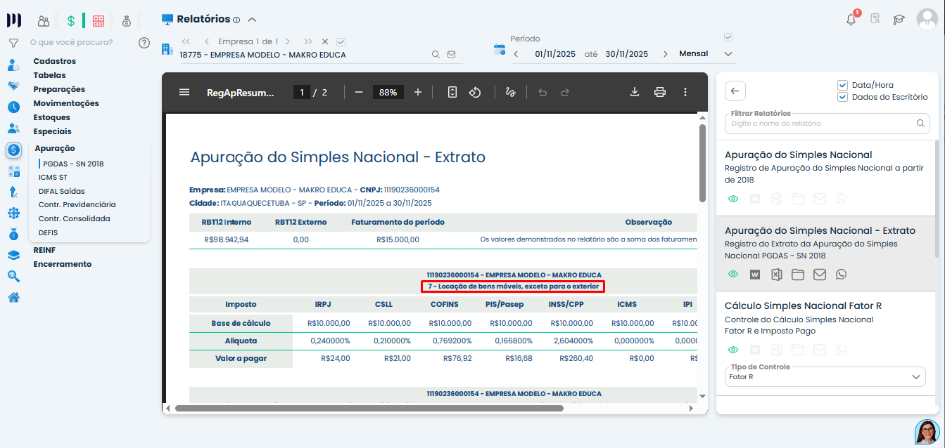 Sistema Contábil Makro apresenta o Extrato da Apuração do Simples Nacional com a receita de Locação de Bens Móveis para Locação no Simples Nacional.