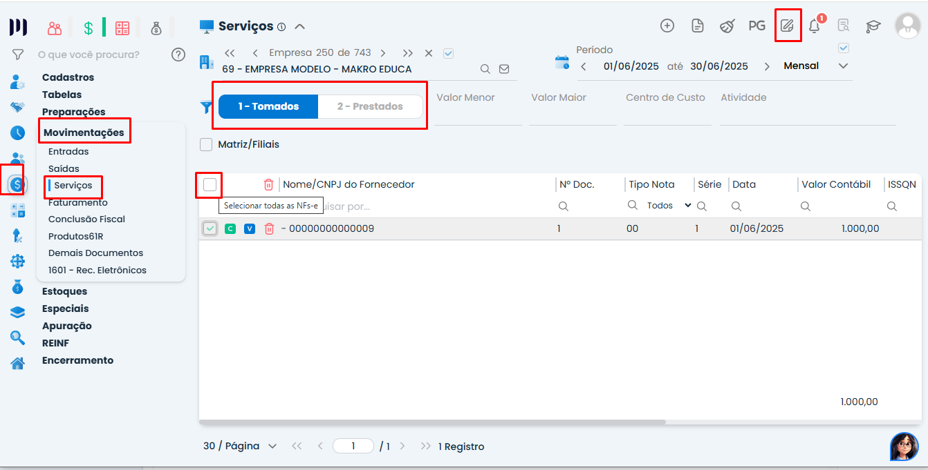 Tela do Sistema Contábil Makro mostrando o acesso à atualização em massa de notas de serviços para configurar informações da DMED.