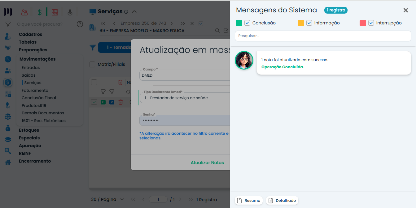 Mensagem de confirmação no Sistema Contábil Makro informando a conclusão da atualização em massa das informações da DMED com sucesso.