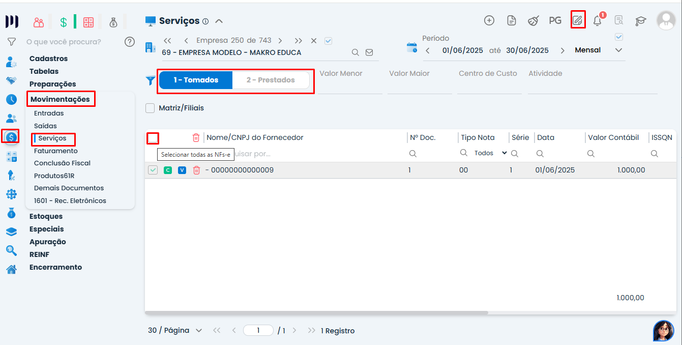 Tela do Sistema Contábil Makro exibindo o menu de Serviços para selecionar notas e atualizar em massa as Informações de PIS e COFINS.