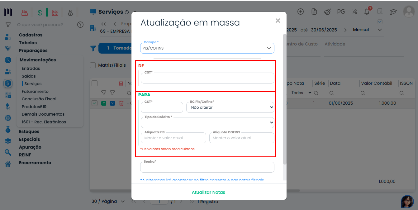 Tela do Sistema Contábil Makro com os campos DE e PARA para substituir dados e atualizar as Informações de PIS e COFINS em massa.