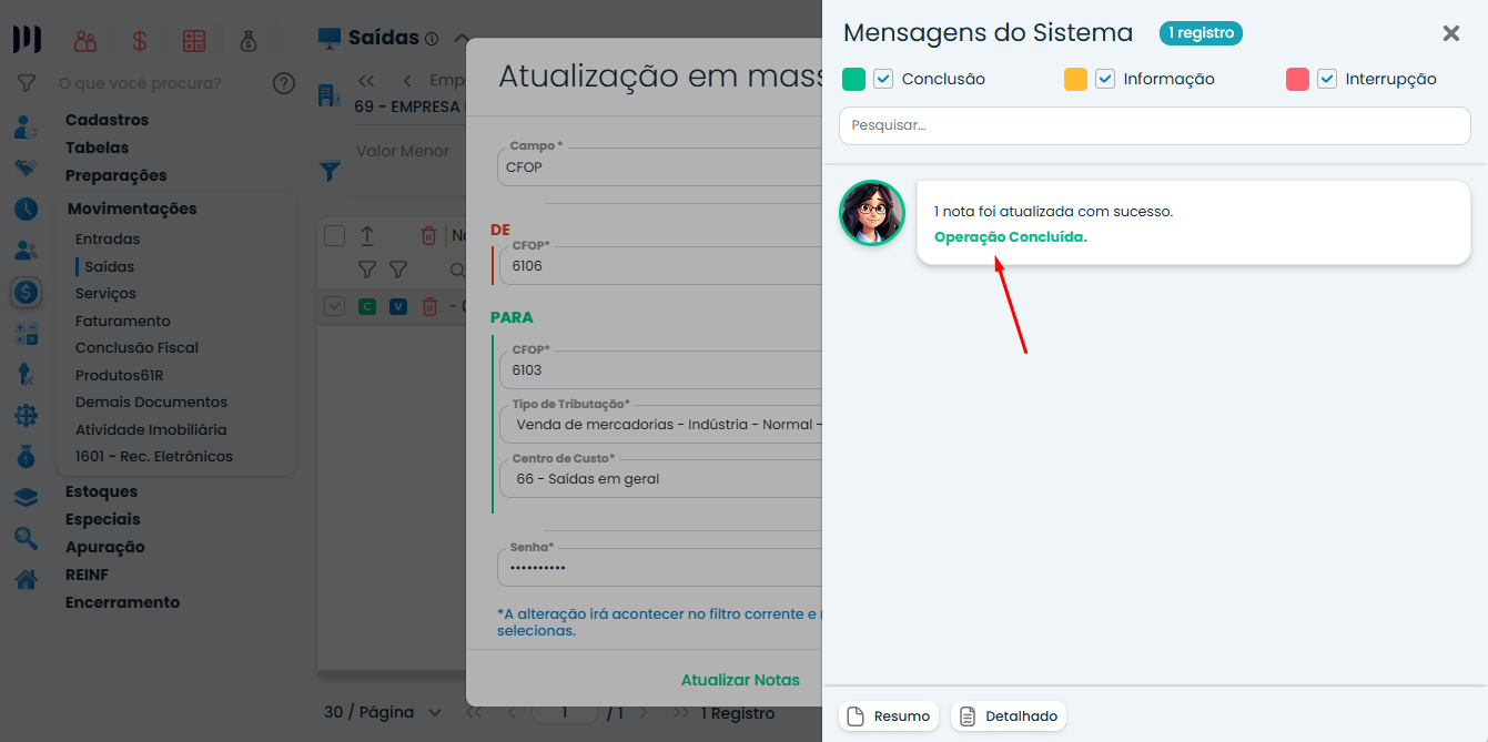 Tela do Sistema Contábil Makro exibindo a mensagem de sucesso após concluir a atualização em massa de CFOP em Notas Fiscais com êxito.