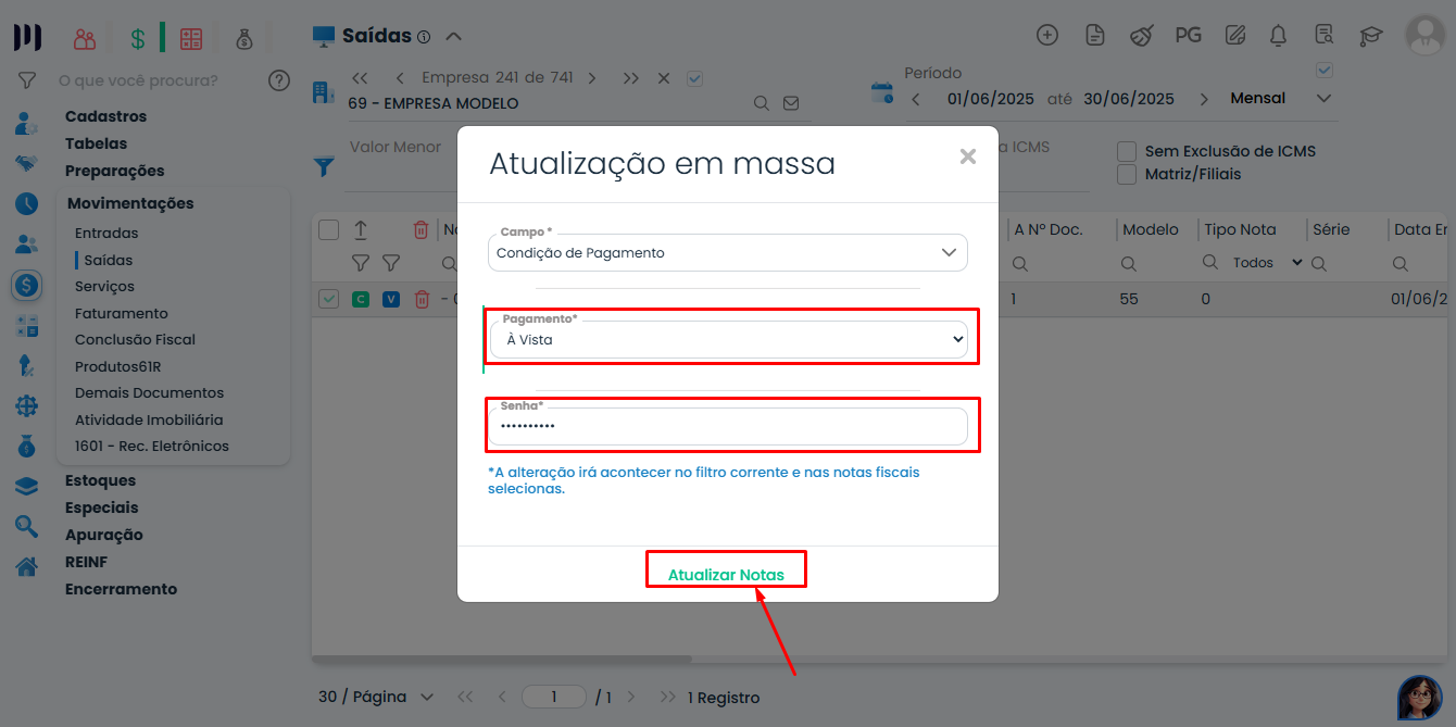 Sistema Contábil Makro com seleção do pagamento, campo de senha e botão de atualização para Pagamento em Notas Fiscais de Entradas/Saídas.