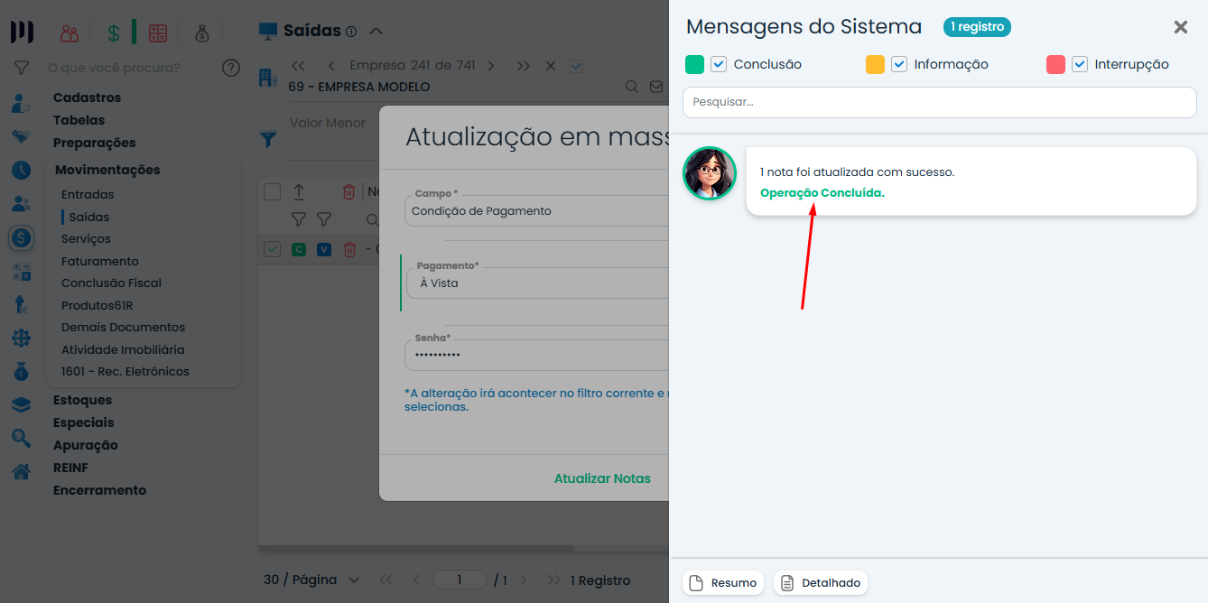 Sistema Contábil Makro apresentando a mensagem de sucesso após a atualização de Pagamento em Notas Fiscais de Entradas/Saídas.
