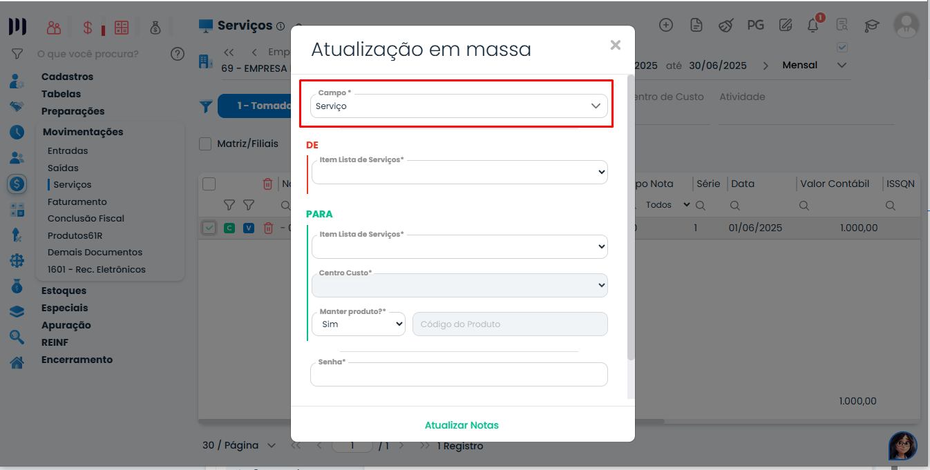 Janela de atualização em massa do Sistema Contábil Makro com o campo Serviço e opções de substituição para Notas Fiscais de serviço.