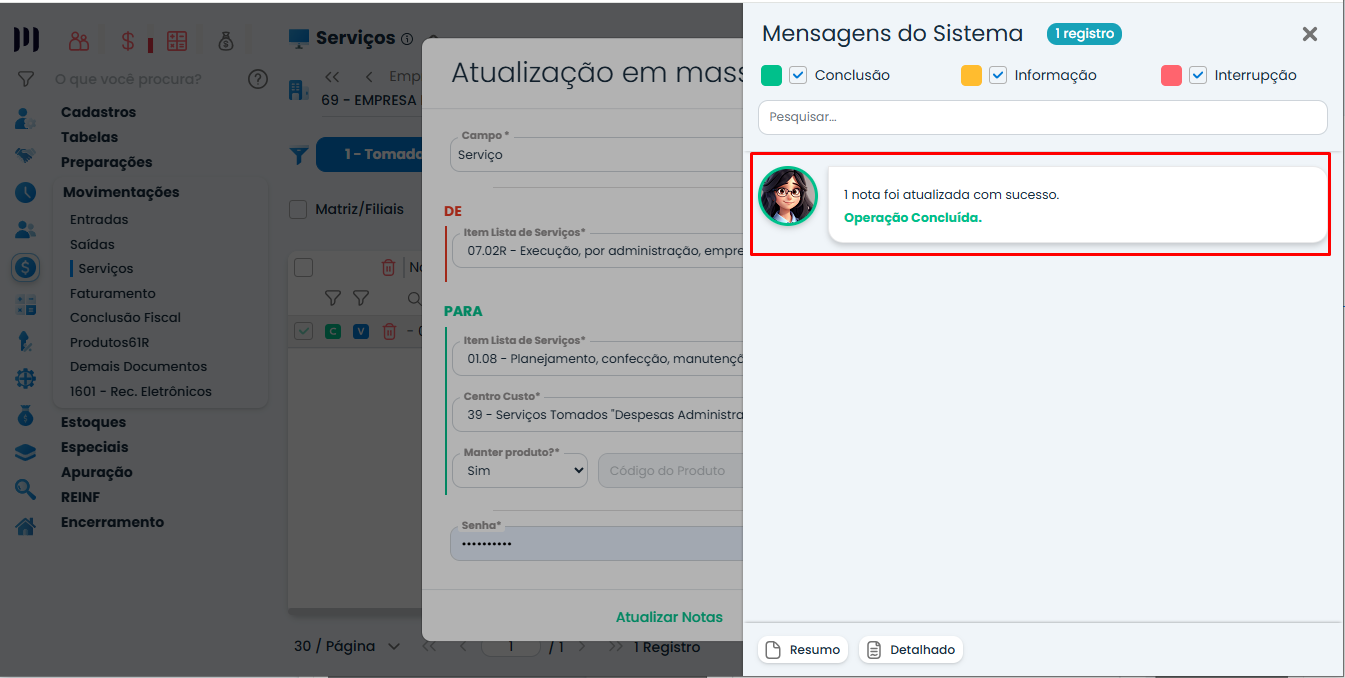 Mensagem de confirmação no Sistema Contábil Makro indicando sucesso na atualização em massa de Notas Fiscais de serviço concluída.