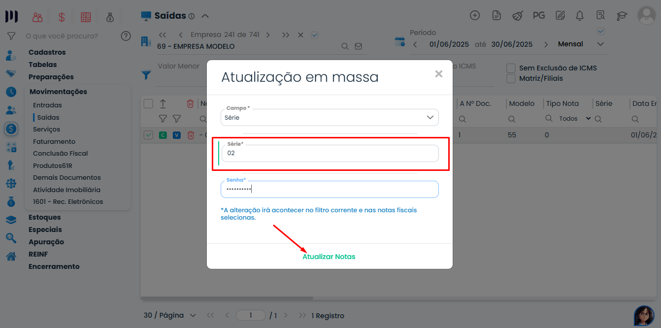 Tela do Sistema Contábil Makro com preenchimento da série e da senha para concluir a Atualização em massa de Notas Fiscais com segurança.
