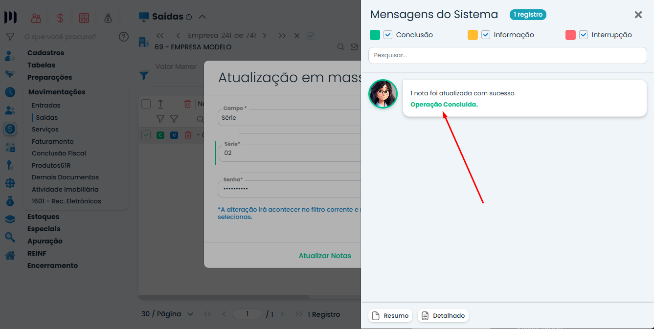 Painel de mensagens do Sistema Contábil Makro confirmando a conclusão da Atualização em massa de Notas Fiscais realizada com sucesso.