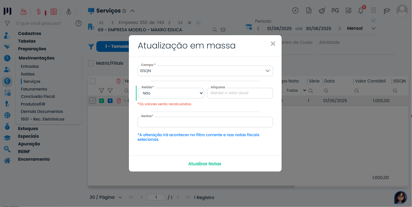 Janela de atualização em massa do Sistema Contábil Makro para configurar retenção, alíquota e senha nas Notas Fiscais no Módulo de Serviços.