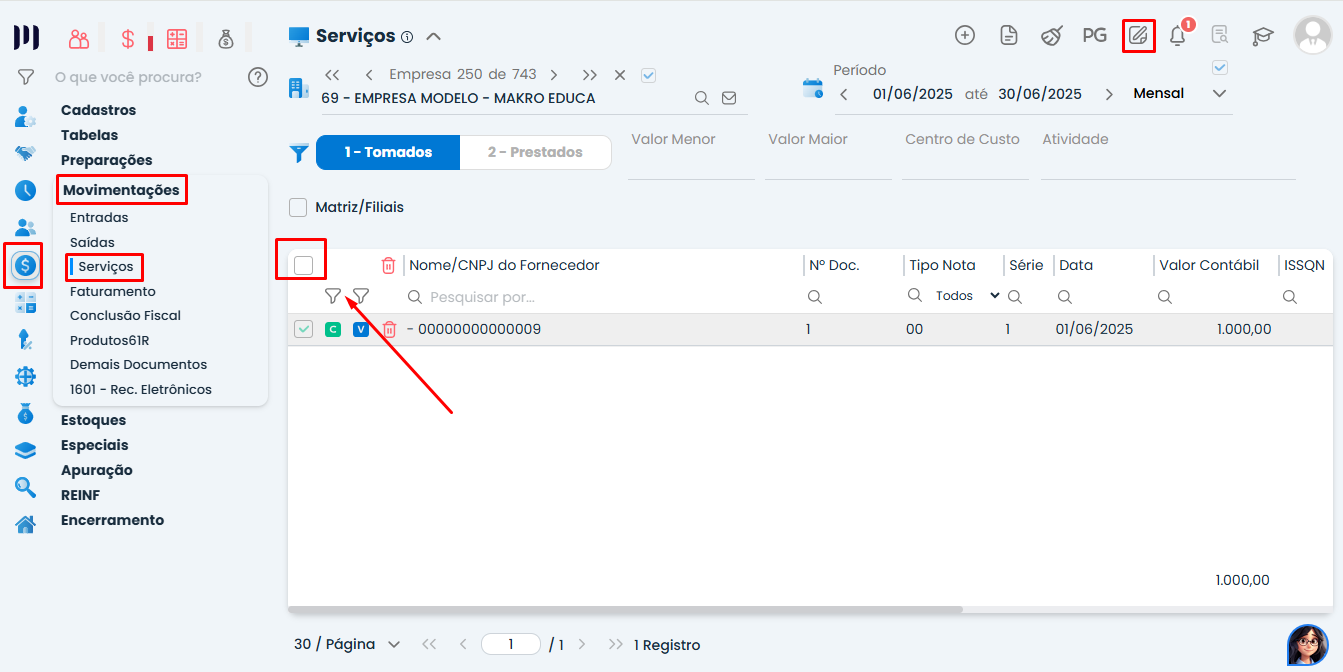 Tela do Sistema Contábil Makro exibindo o módulo de Serviços para selecionar notas e atualizar o Município de Incidência nas Notas Fiscais.
