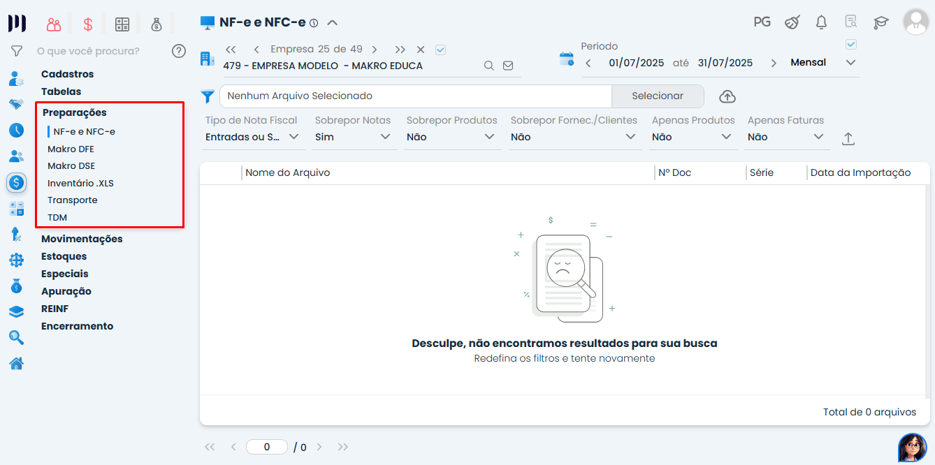 Tela do Sistema Contábil Makro mostra a ausência da opção GINFES XML no Módulo de Preparações no menu Fiscal, indicando a necessidade de configuração.