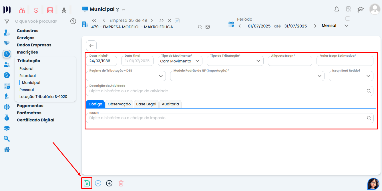Tela do Sistema Contábil Makro exibe o cadastro da tributação municipal com os campos de configuração necessários para o GINFES XML no Módulo de Preparações.