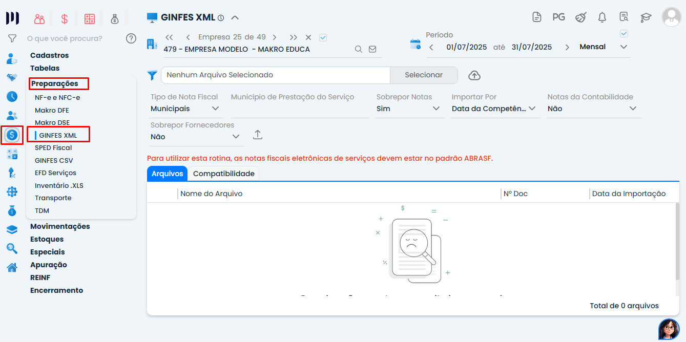 Tela do Sistema Contábil Makro apresenta a opção GINFES XML no Módulo de Preparações disponível após o cadastro da tributação municipal.