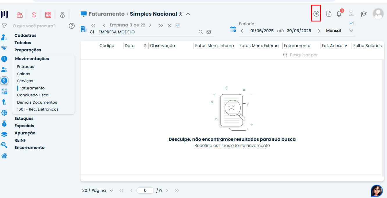 Tela do Sistema Contábil Makro exibindo a inclusão de um novo registro no faturamento do Simples Nacional para cadastrar o Fator R sem Departamento Pessoal.