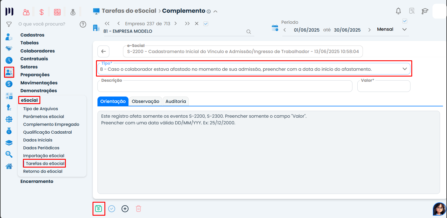A tela do Sistema Contábil Makro mostra o cadastro do tipo 8 para informar a data de afastamento em Funcionário afastado eSocial.
