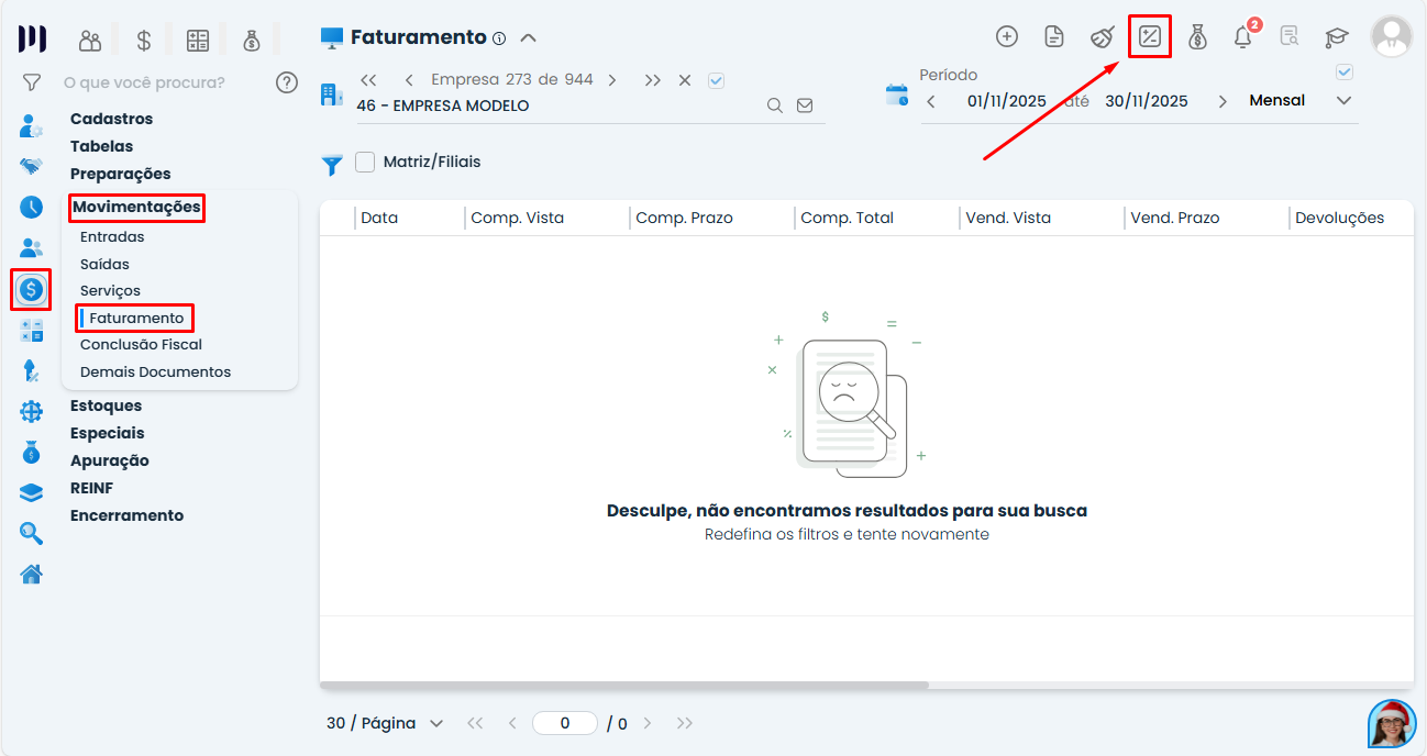 Interface do Sistema Contábil Makro destacando o acesso ao ícone de Saldo de Devolução no faturamento para Conferência de Saldo fiscal.