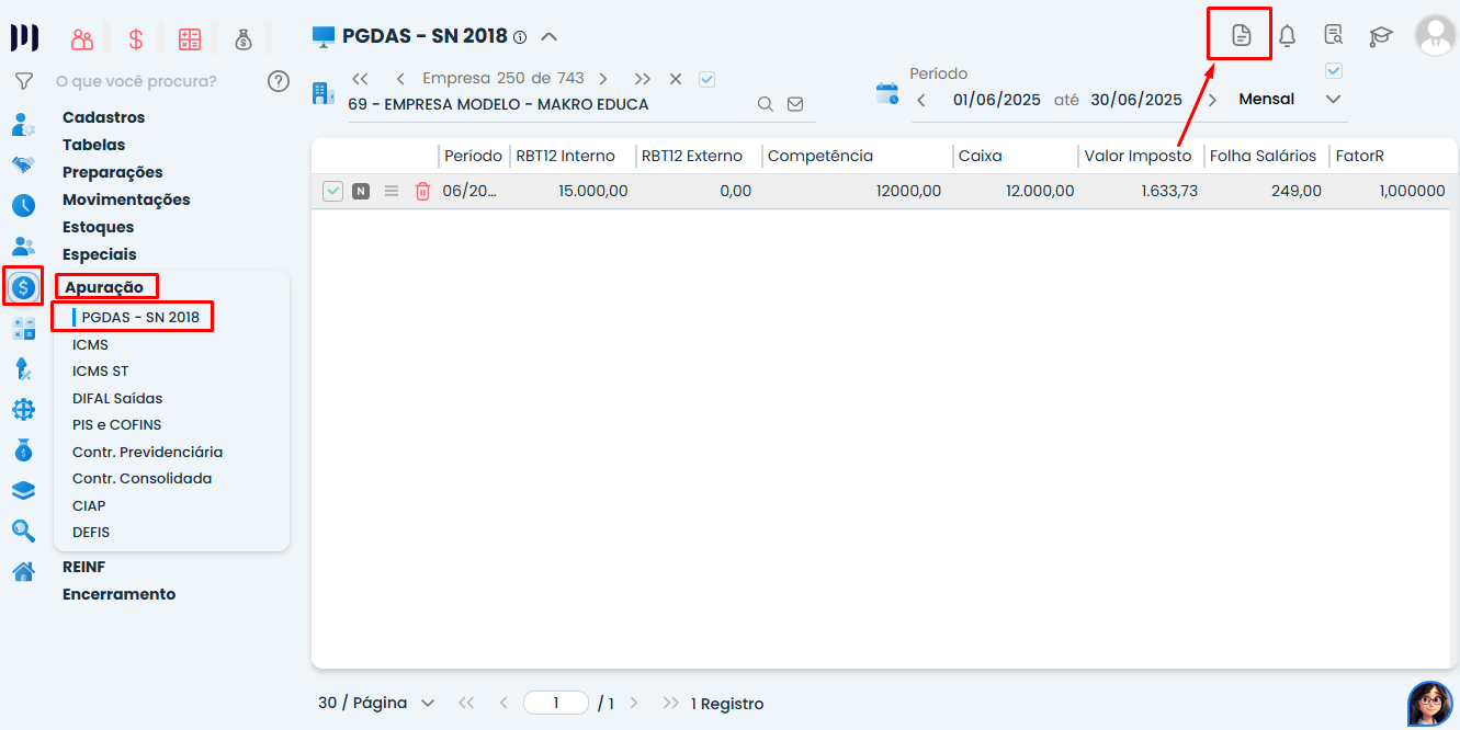 Tela do Sistema Contábil Makro destacando o acesso aos relatórios do PGDAS - SN 2018 para consulta do Valor Acumulado do Fator R.