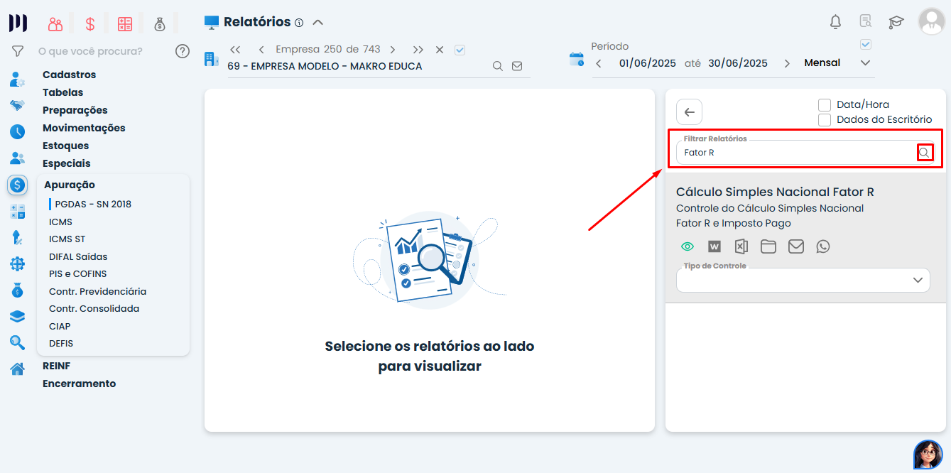 Tela do Sistema Contábil Makro exibindo a pesquisa do relatório do Valor Acumulado do Fator R no módulo de relatórios para conferência.