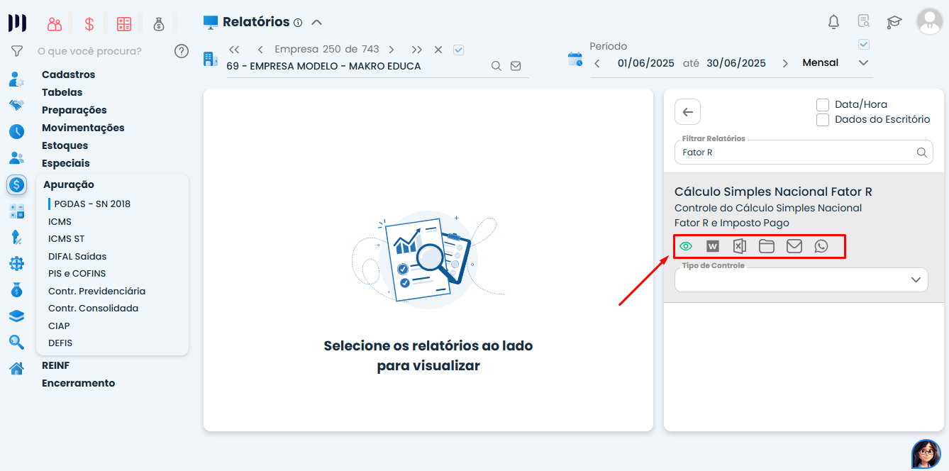Tela do Sistema Contábil Makro apresentando as opções de visualizar, exportar e enviar o relatório do Valor Acumulado do Fator R.