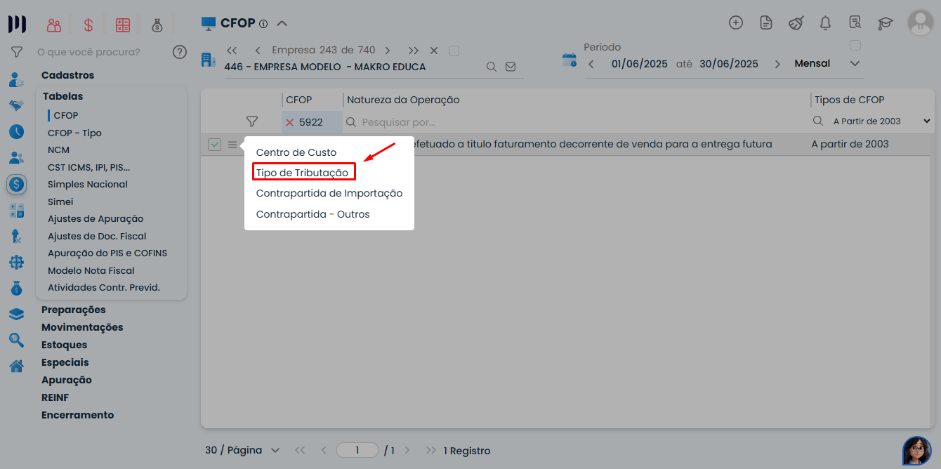Sistema Contábil Makro mostrando o submenu Tipo de Tributação no cadastro de CFOP, etapa para configurar corretamente a Tributação no CFOP.
