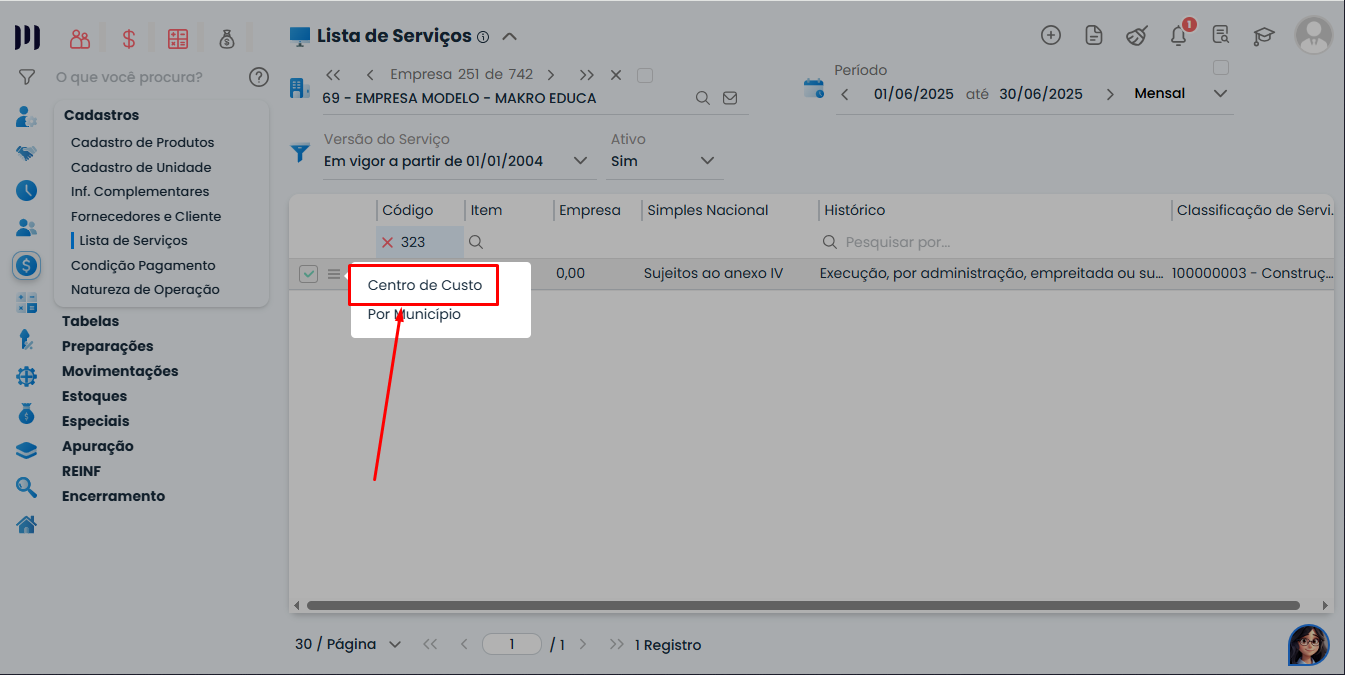 Sistema Contábil Makro destacando a opção Centro de Custo no submenu da Lista de Serviços para acessar Centros de Custo em Notas de Serviços.
