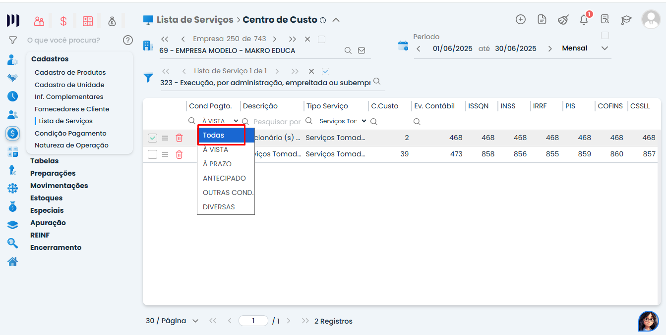 Sistema Contábil Makro mostrando o filtro de centros de custo vinculados na Lista de Serviços para conferir Centros de Custo em Notas de Serviços.