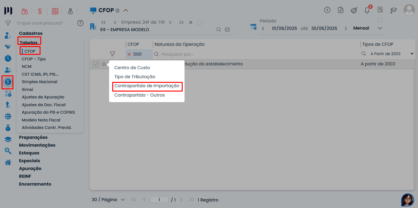 Tela do Sistema Contábil Makro destacando o menu Fiscal > Tabelas > CFOP e a opção Contrapartida de importação para configurar o vínculo de CFOPs.