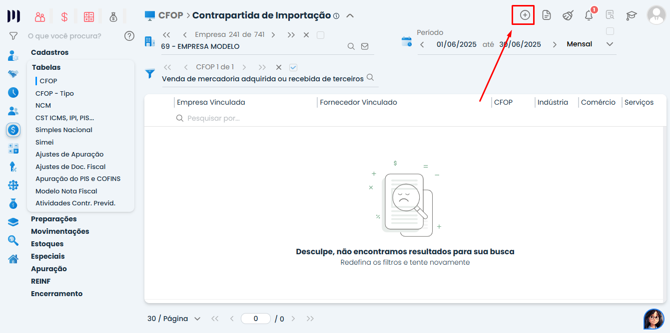 Tela do Sistema Contábil Makro na Contrapartida de importação, destacando o botão Incluir para cadastrar uma nova configuração de vínculo de CFOP.