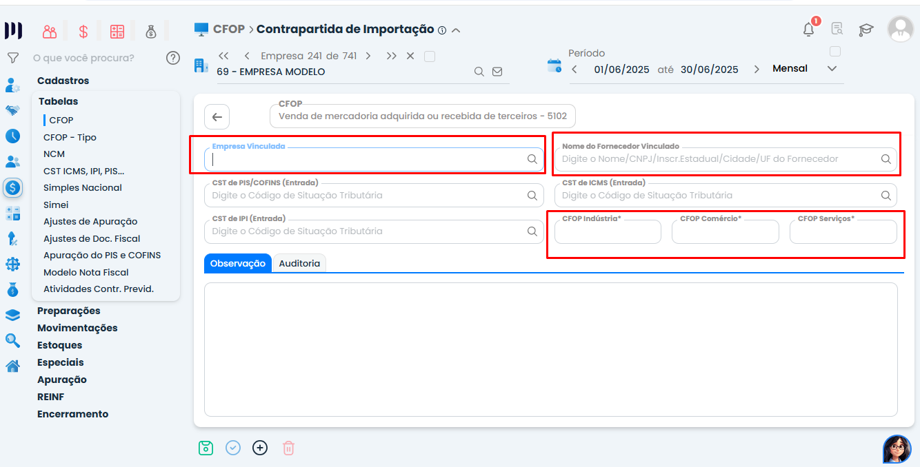 Tela de cadastro da Contrapartida de importação no Sistema Contábil Makro com os campos de empresa, fornecedor e CFOP para parametrização da regra.