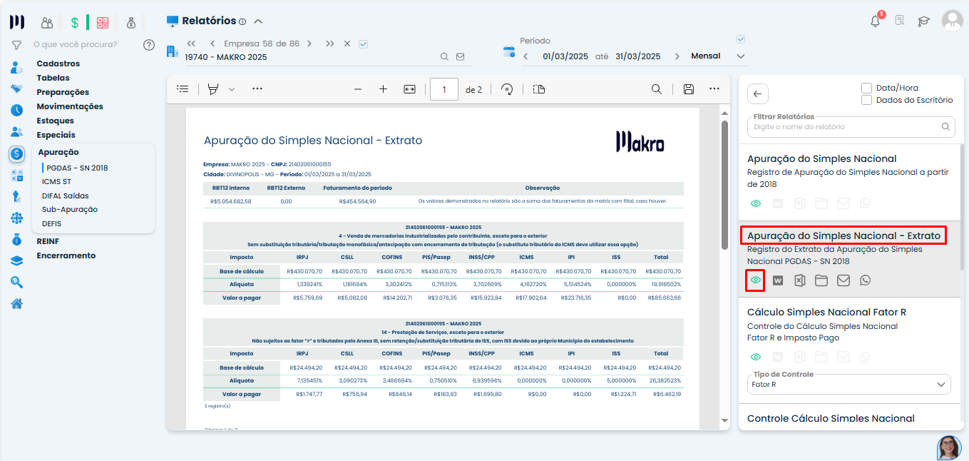 Tela do Sistema Contábil Makro exibindo o relatório Extrato da Apuração do Simples Nacional para comparar informações do DAS Simples Nacional.