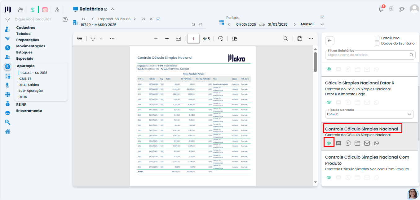 Tela do Sistema Contábil Makro com o relatório Controle Cálculo Simples Nacional, detalhando os valores utilizados na conferência do DAS Simples Nacional.