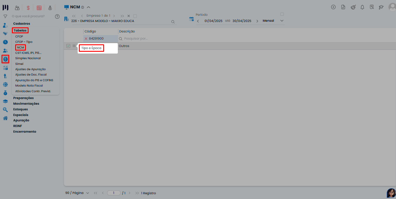 Tela do Sistema Contábil Makro exibindo o cadastro de NCM com a opção Tipo e Época para configurar PIS COFINS monofásico no Simples Nacional.