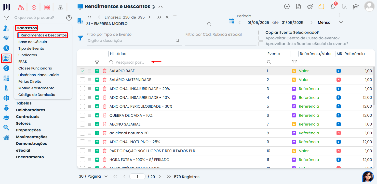 Sistema Contábil Makro exibe a tela de Rendimentos e Descontos com pesquisa do histórico de eventos para corrigir o erro e-Social 933.