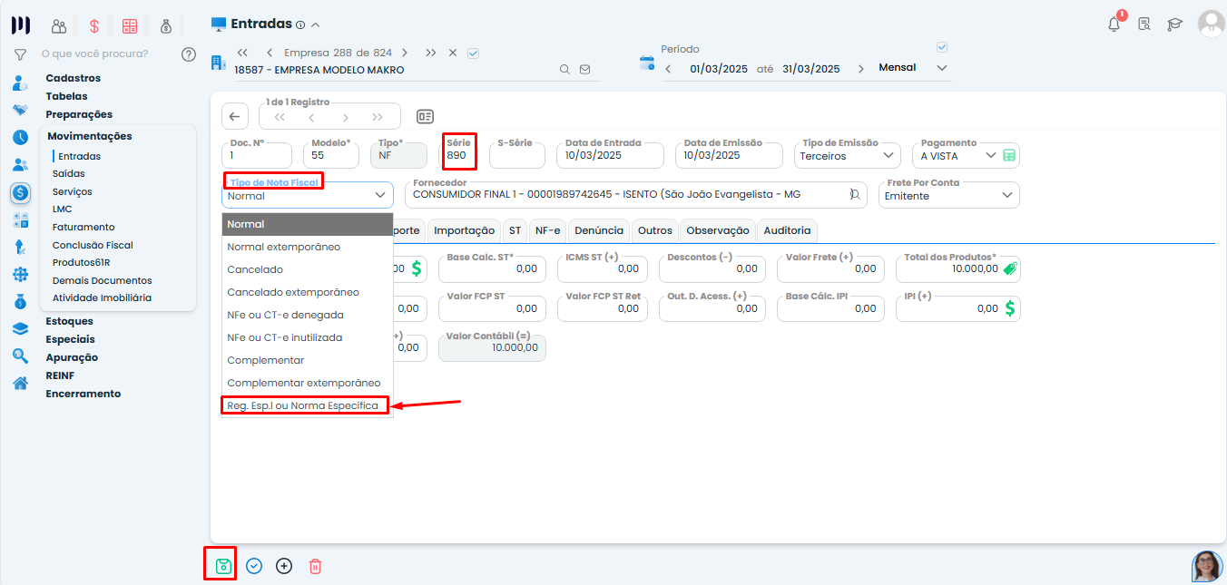 Tela de edição da nota no Sistema Contábil Makro com o tipo "Reg. Esp. ou Norma Específica" para corrigir o Arquivo do Sped Fiscal.