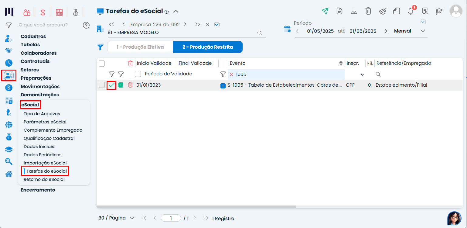 Tela de Tarefas do eSocial no Sistema Contábil Makro destacando o evento S-1005 para verificar estabelecimento vinculado ao erro eSocial 272.