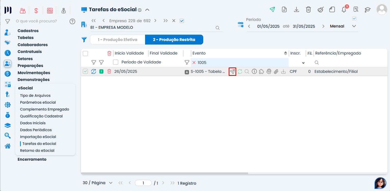 Tela de Tarefas do eSocial no Sistema Contábil Makro destacando o envio do evento S-1005 após o ajuste, procedimento para resolver o eSocial 272.