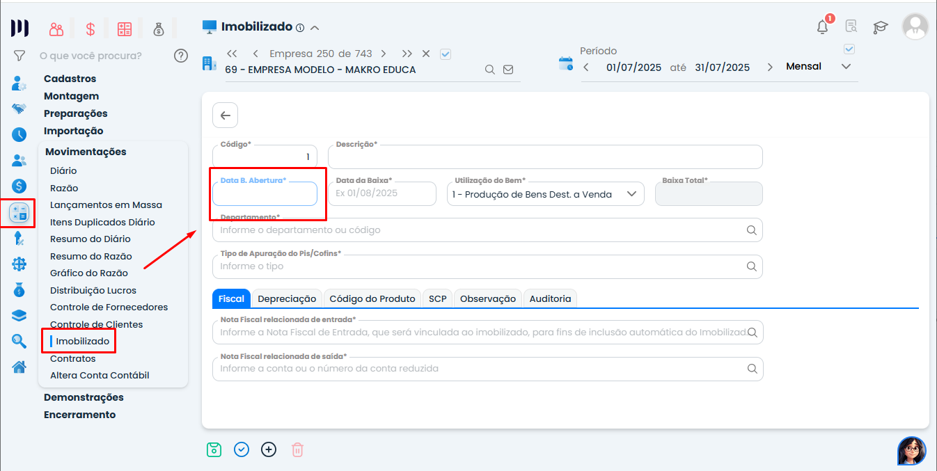 Tela de cadastro de Imobilizado com destaque para a Data de Abertura no Sistema Contábil Makro, necessária para a Geração do CIAP.