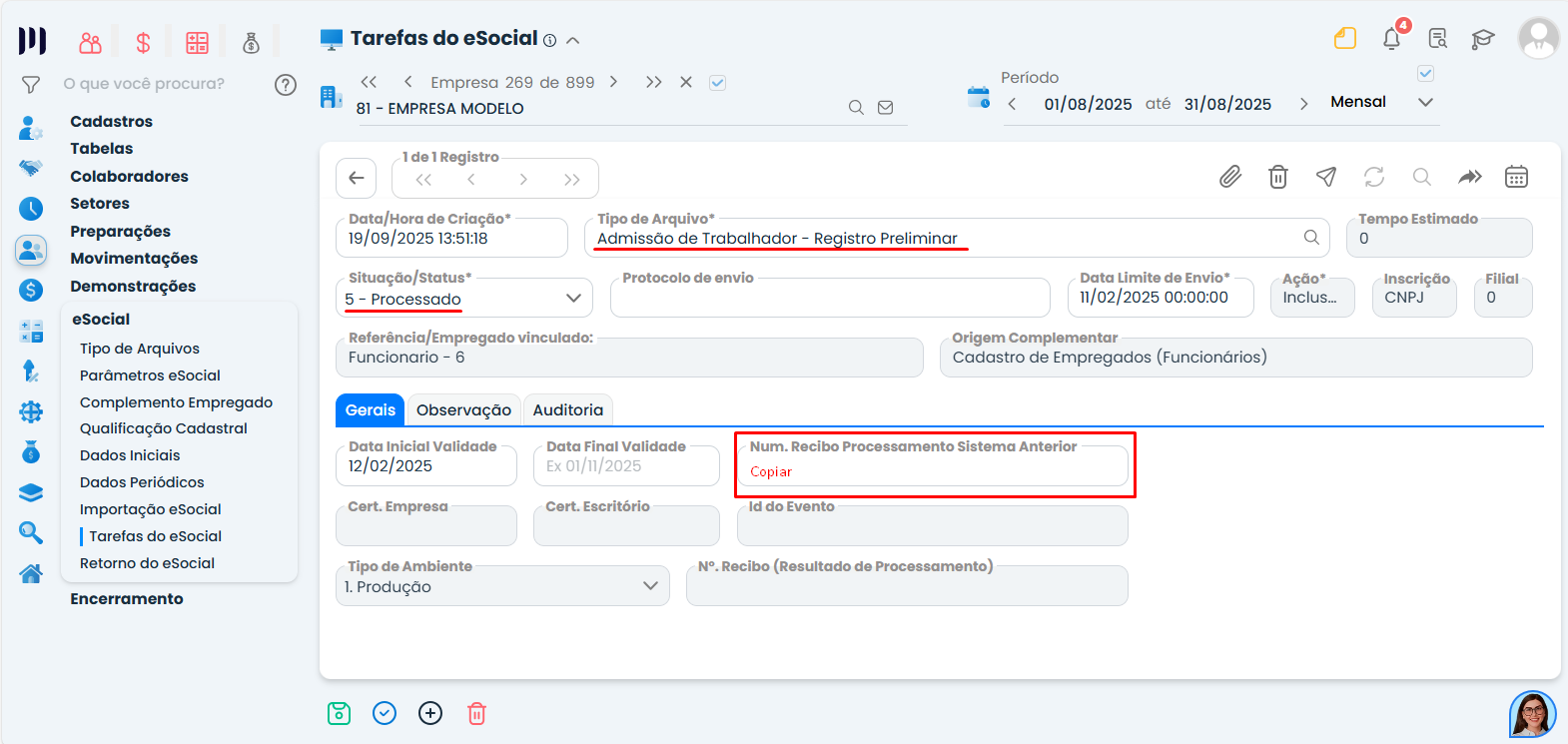 Tela do Sistema Contábil Makro exibindo o Evento S-2190 com o número do recibo destacado para copiar e vincular corretamente ao evento S-2200.
