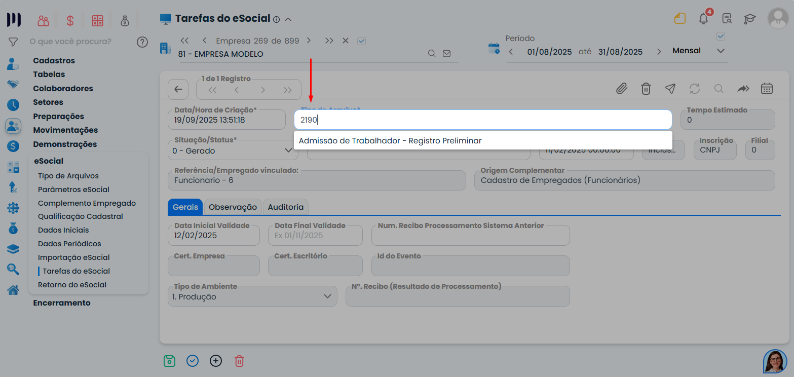 Tela do Sistema Contábil Makro com a alteração do tipo de evento para Evento S-2190, etapa necessária para regularizar o envio ao eSocial.