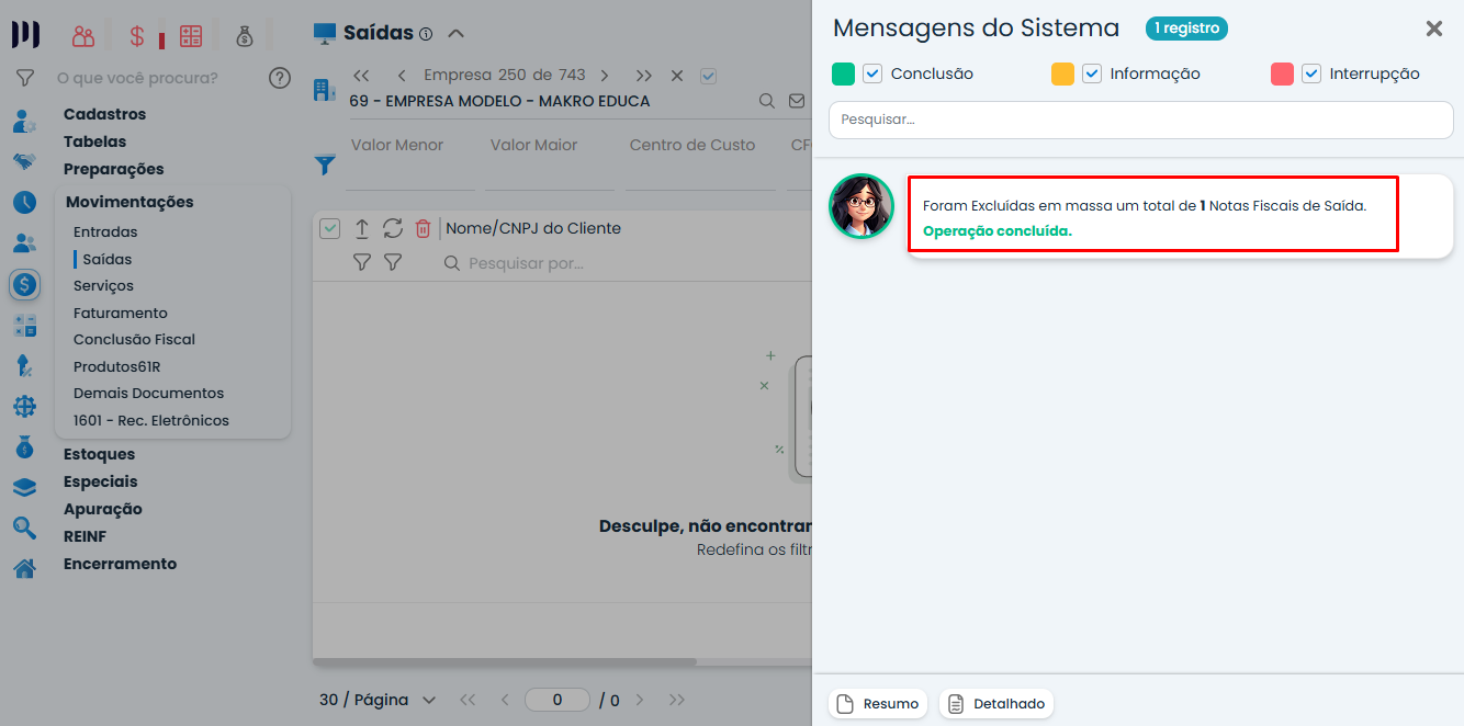 Mensagem de confirmação no Sistema Contábil Makro informando a exclusão em massa das Notas Fiscais de Saída realizada com sucesso.