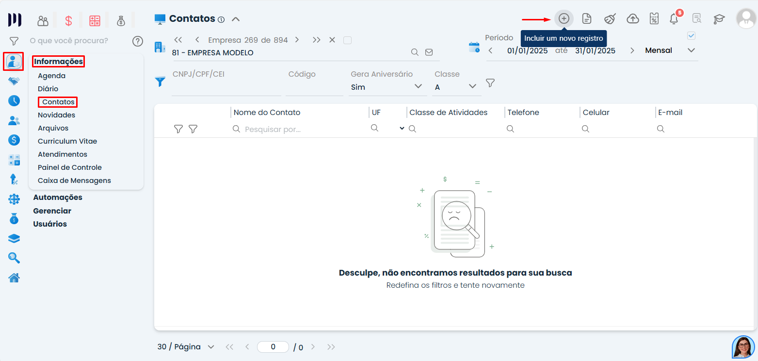 Tela de Contatos do Sistema Contábil Makro destacando a inclusão de novo banco para Arquivo de banco para pagamento de folha.