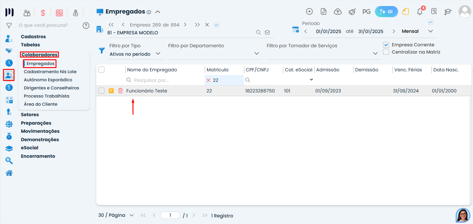 Lista de empregados no Sistema Contábil Makro com seleção do colaborador para configurar Arquivo de banco para pagamento de folha.