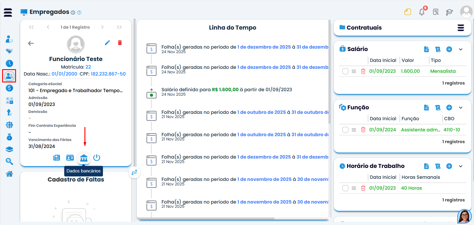 Tela do empregado no Sistema Contábil Makro com acesso aos dados bancários para Arquivo de banco para pagamento de folha.