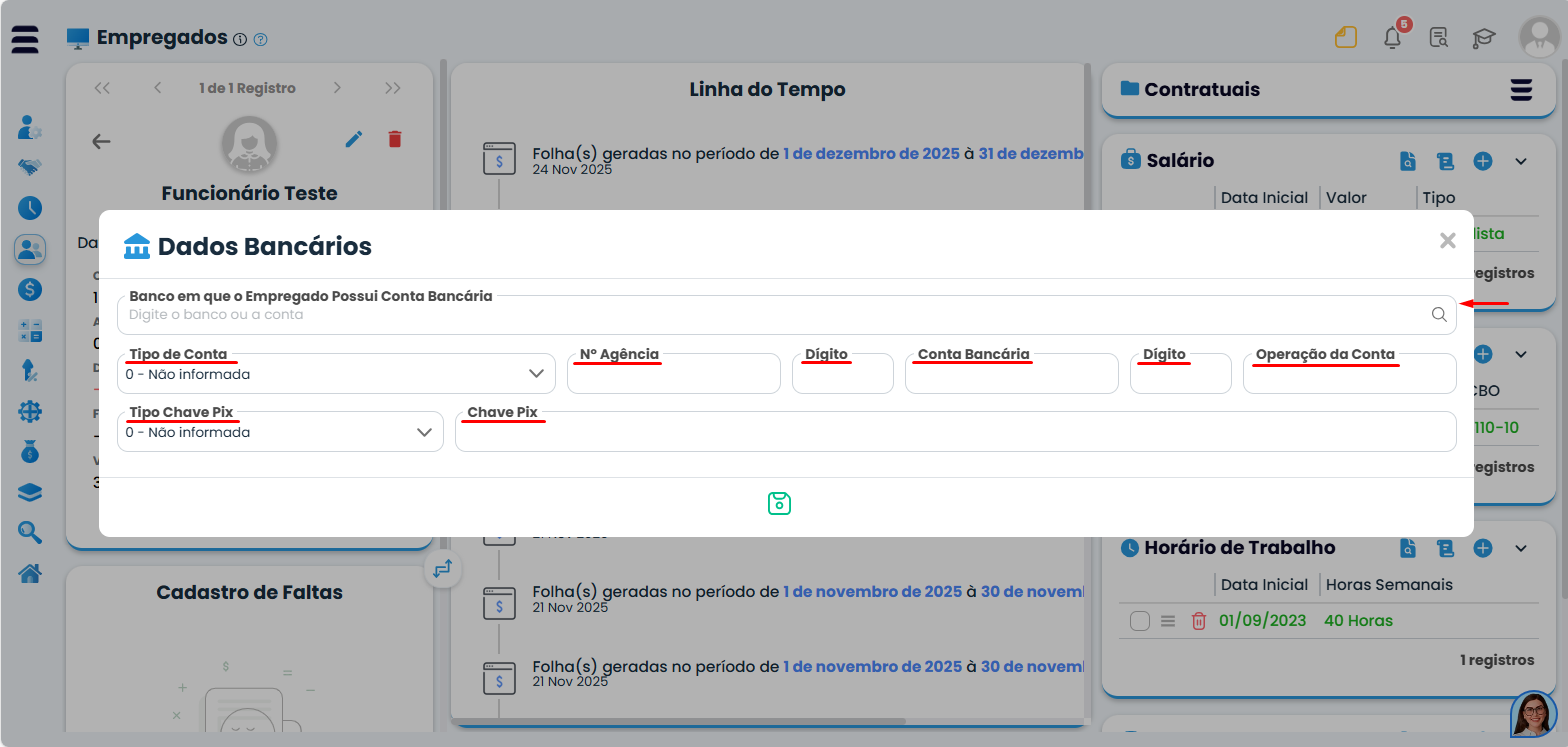 Janela de dados bancários do colaborador no Sistema Contábil Makro para informar contas do Arquivo de banco para pagamento de folha.