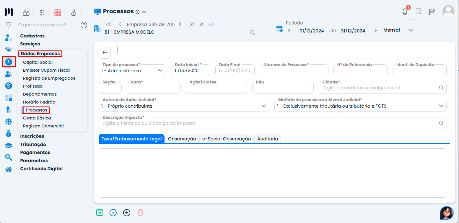 Tela de Processos da empresa no Sistema Contábil Makro mostrando o cadastro do processo administrativo para a Sefip de código 650.