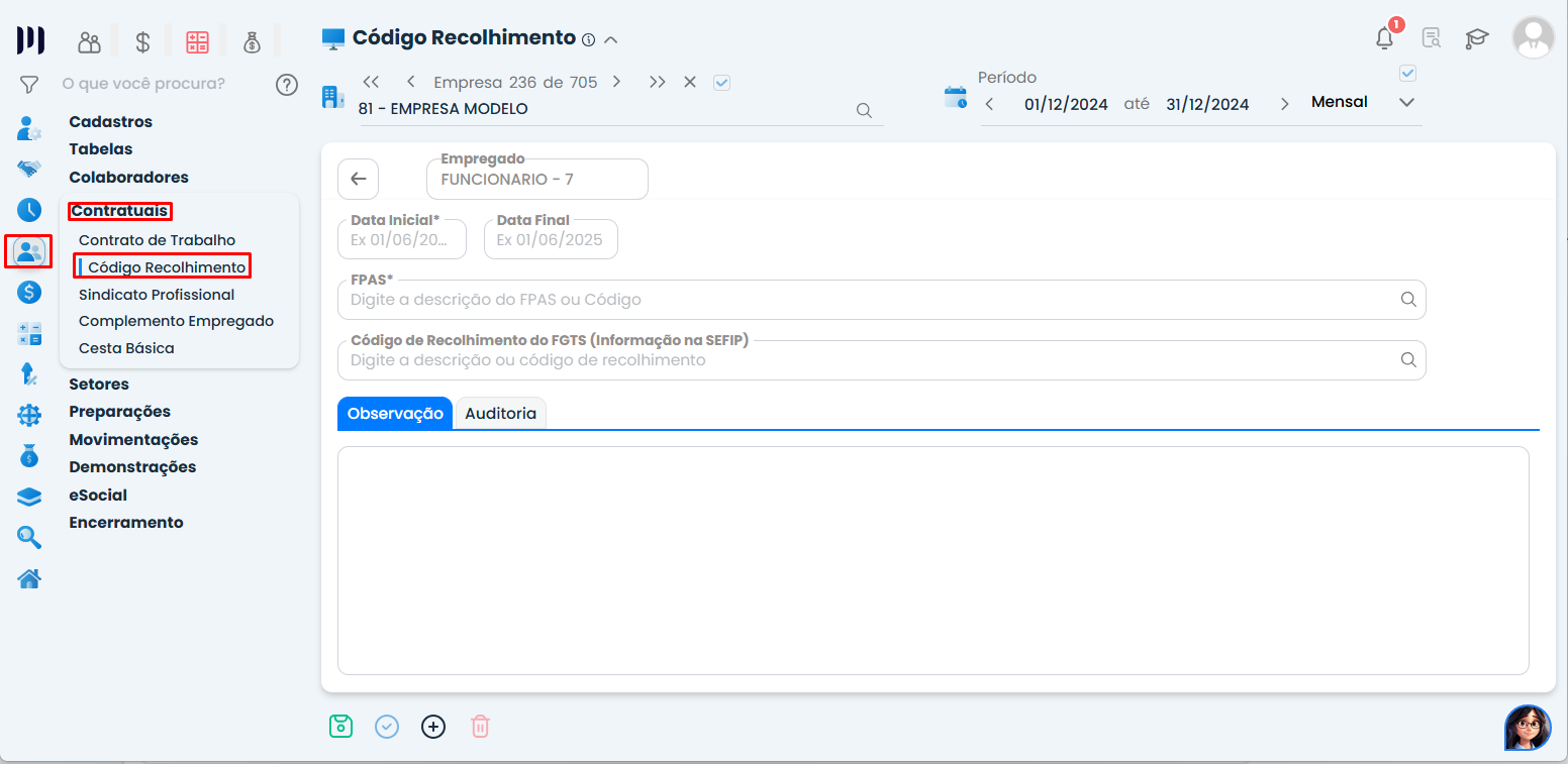 Tela de Código de Recolhimento no Sistema Contábil Makro para vincular o colaborador à Sefip de código 650.