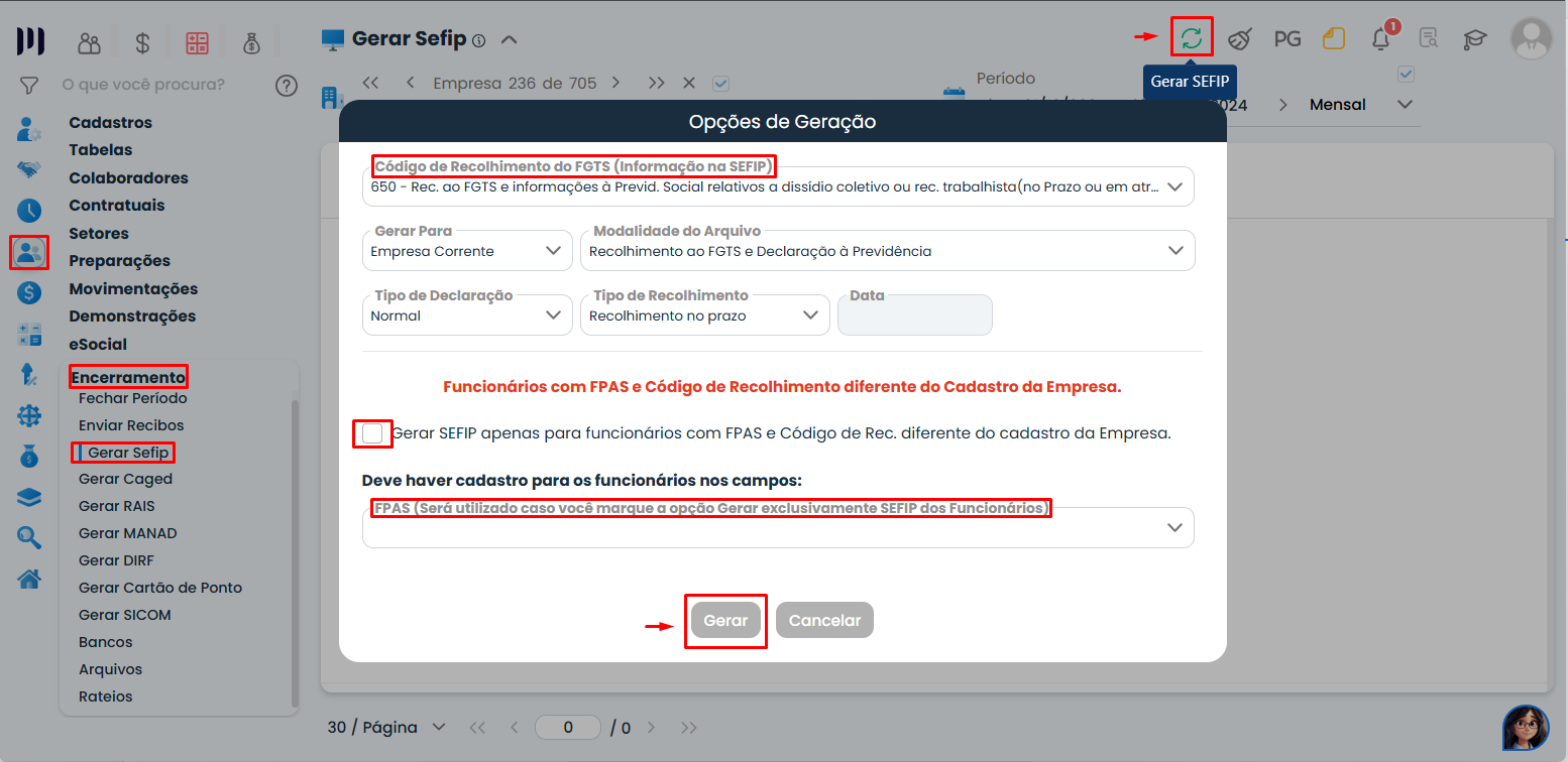 Tela de geração da SEFIP no Sistema Contábil Makro com o código de recolhimento 650 e opções para emitir a Sefip de código 650.