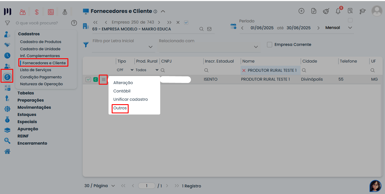 Tela do Sistema Contábil Makro mostrando o acesso à opção Outros no cadastro de fornecedores para configurar o Evento R-2055 na EFD-Reinf.