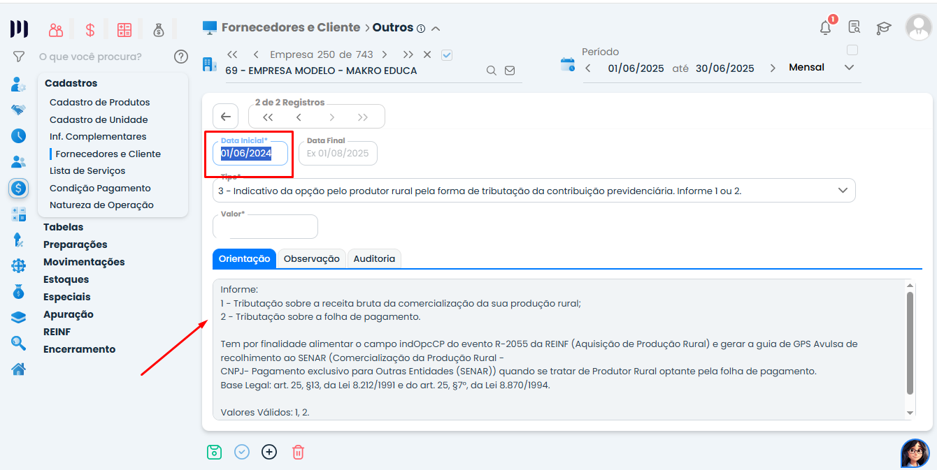 Tela do Sistema Contábil Makro com definição do tipo de tributação do produtor rural para envio correto do Evento R-2055 na EFD-Reinf.